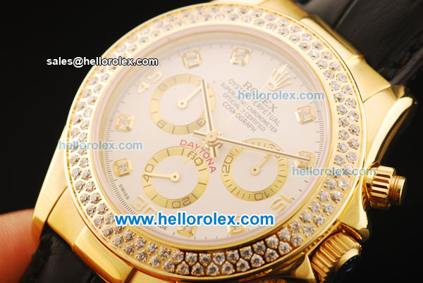Rolex Daytona Chronograph Swiss Valjoux 7750 Automatic Movement Gold Case with Diamond Markers/Bezel and Black Leather Strap - Click Image to Close